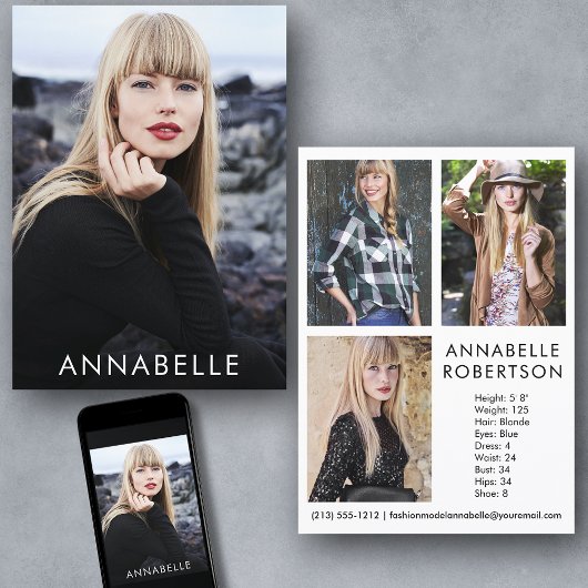 Modernes Modelling von 4 Fotos Modell Comp Card Einladung