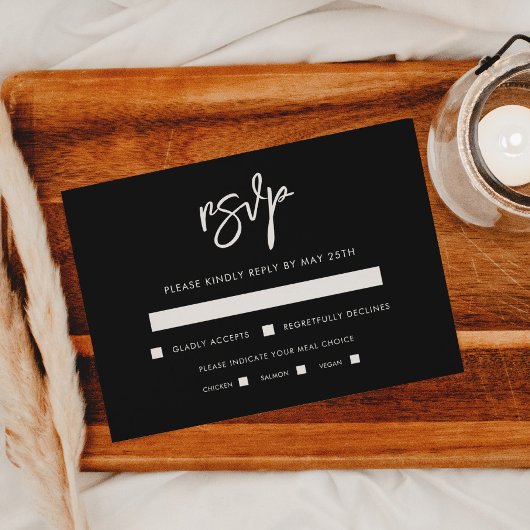 Modernes, modernes, schwarzes Hochzeitessen RSVP Karte