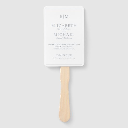 Modernes Mongram Dusty Blue Script Wedding Program Fächer (Vorderseite)