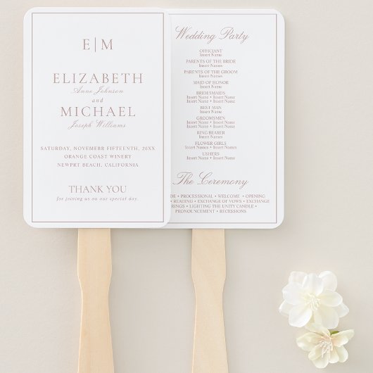 Modernes Mongram Dusty Rose Script Wedding Program Fächer