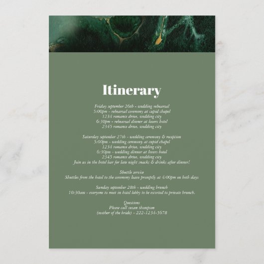 Modernes Mongram Hochzeitspaar aus grünem Marmor Programm (Rückseite)