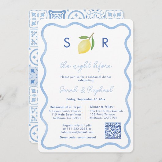 Modernes Mongram Lemon Wedding Probe Dinner Einladung (Vorne/Hinten)