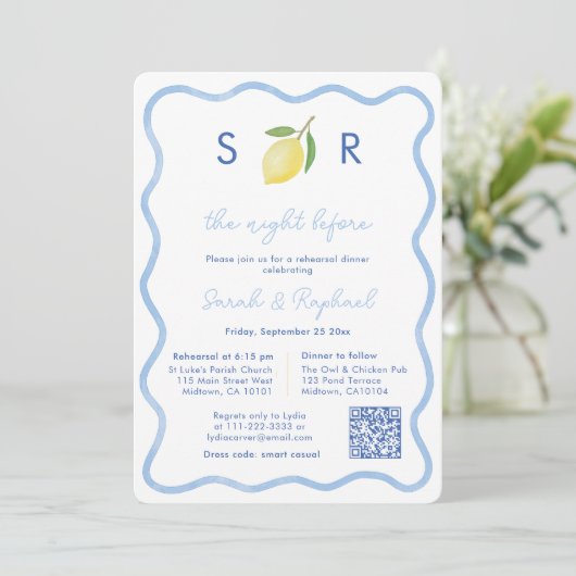 Modernes Mongram Lemon Wedding Probe Dinner Einladung (Stehend Vorderseite)