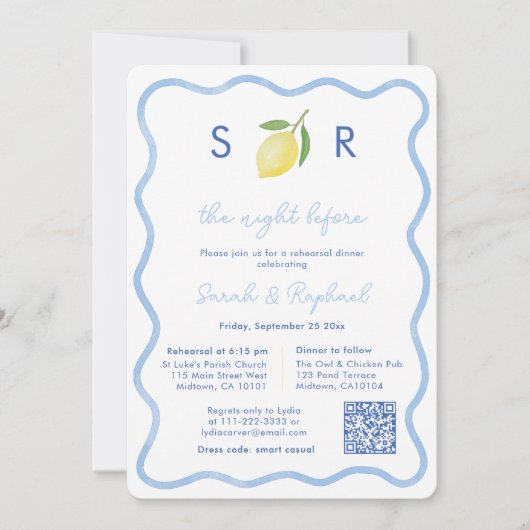 Modernes Mongram Lemon Wedding Probe Dinner Einladung (Vorderseite)