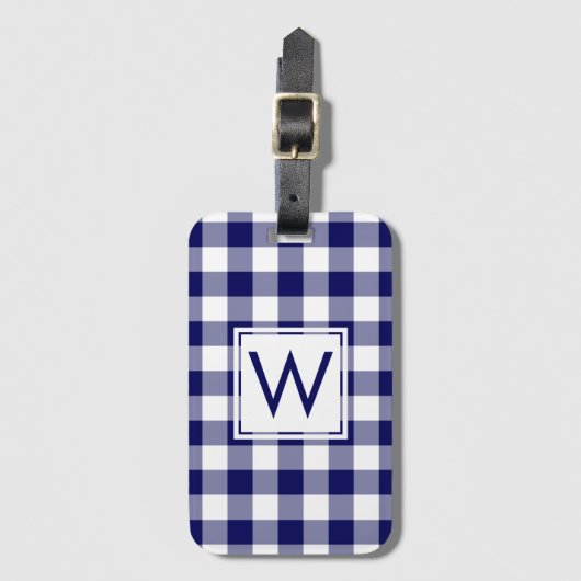 Modernes Mongram Navy und White Gingham Pattern Gepäckanhänger (Vorderseite Vertikal)