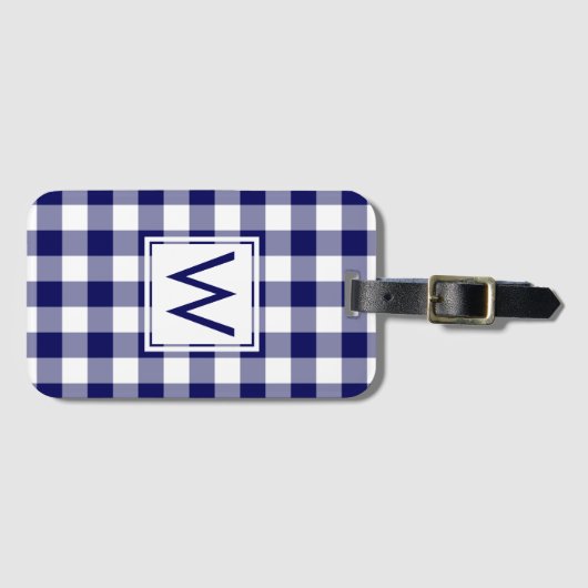 Modernes Mongram Navy und White Gingham Pattern Gepäckanhänger (Vorderseite (Horizontal))