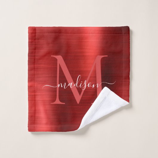Modernes Mongram-Skript für Burgundy Red Brushed M Badhandtuch Set (Waschlappen)
