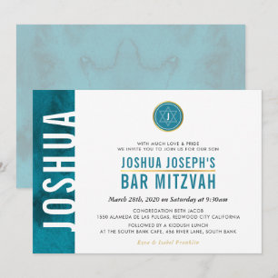 MODERNES MONOGRAM BAR MITZVAH Bar aquamarin blau Einladung