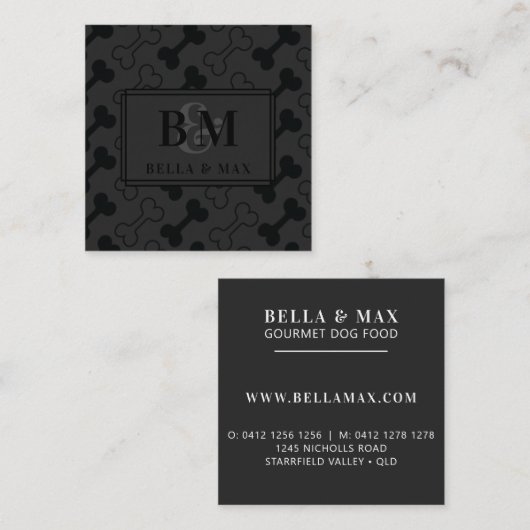 Modernes Monogram Black auf Black Dog Bone Pattern Quadratische Visitenkarte (Vorne/Hinten)
