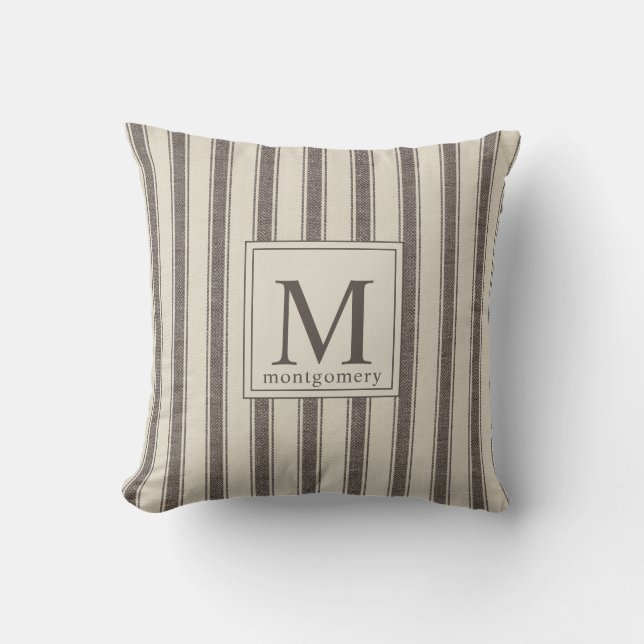Modernes Monogram Black Beige l Farmhouse Ticken Kissen (Vorderseite)