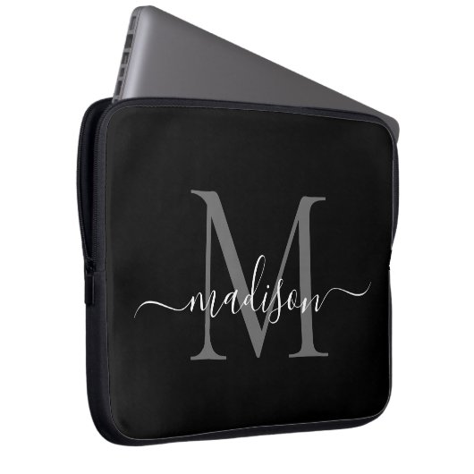 Modernes Monogram Black Gray Silver Girly Script Laptopschutzhülle (Vorne Rechts)