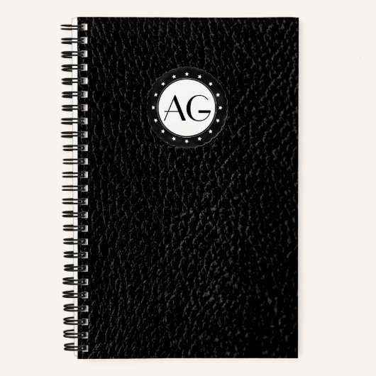 Modernes Monogram Black Leather Spiral Notebook Notizblock (Vorderseite)