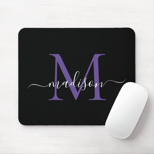 Modernes Monogram Black Lila Violet Girly Script Mousepad (Mit Mouse)