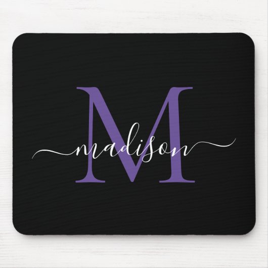 Modernes Monogram Black Lila Violet Girly Script Mousepad (Vorne)