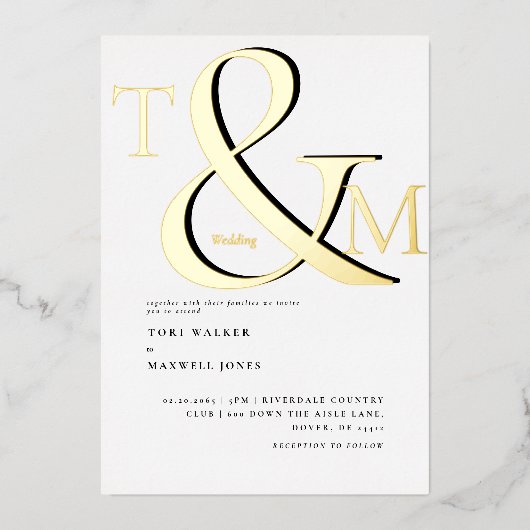 Modernes Monogram Black & White Wedding Gold Folieneinladung (Vorderseite)