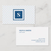 Modernes Monogram Blue auf weißem Polka Dot Muster Visitenkarte (Vorne/Hinten)