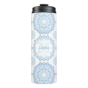 Modernes Monogram Blue Floral Stilvolles Muster Thermosbecher