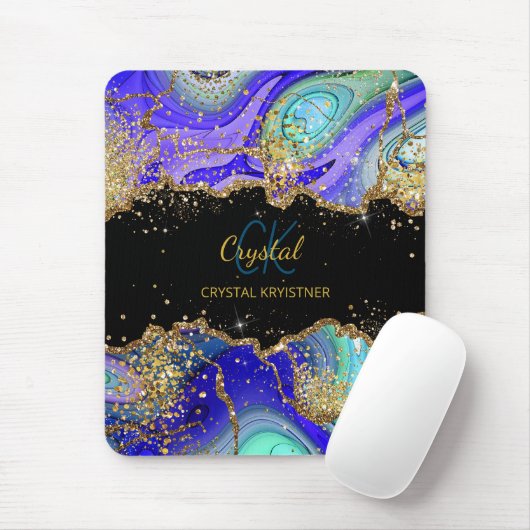 Modernes Monogram Blue Green Agate Glitzer Noteboo Mousepad (Mit Mouse)
