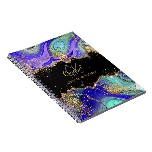 Modernes Monogram Blue Green Agate Glitzer Noteboo Notizblock (Rechte Seite)