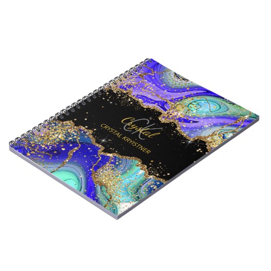 Modernes Monogram Blue Green Agate Glitzer Noteboo Notizblock (Linke Seite)