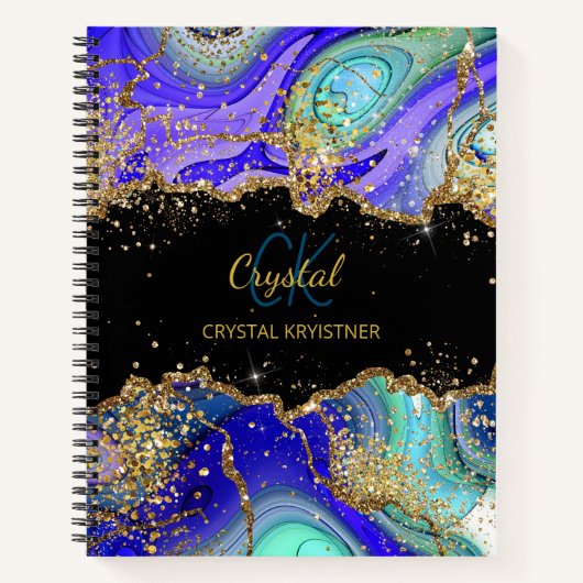 Modernes Monogram Blue Green Agate Glitzer Noteboo Notizblock (Vorderseite)