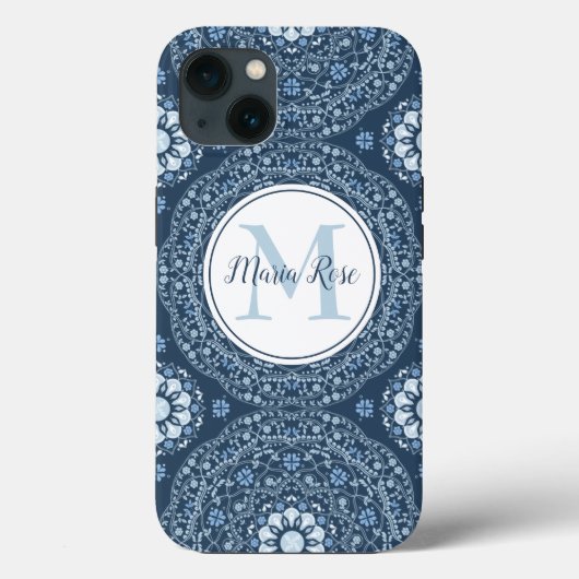 Modernes Monogram Blue Simple Mandala Custom Case-Mate iPhone Hülle (Rückseite)