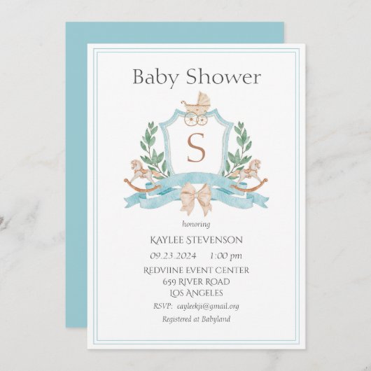 Modernes Monogram Blue Wappen Greenery Baby Einladung (Vorne/Hinten)