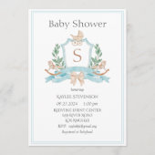 Modernes Monogram Blue Wappen Greenery Baby Einladung (Vorderseite)