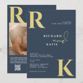 Modernes Monogram Bright Bold Navy Blue Foto Einladung (Vorne/Hinten)