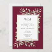 Modernes Monogram Burgundy Greenery Foto Wedding Einladung (Vorderseite)