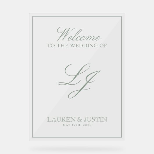 Modernes Monogram Classic Sage Green Script Willko Acrylschild (Vorderseite)