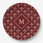 Modernes Monogram Cross Burgundy Silver Pappteller (Vorderseite)
