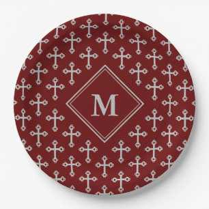 Modernes Monogram Cross Burgundy Silver Pappteller