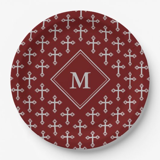 Modernes Monogram Cross Burgundy Silver Pappteller (Vorderseite)