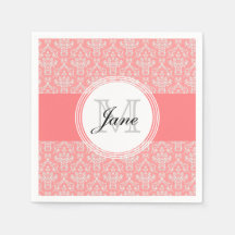 Modernes Monogram Damask Napkin Coral
