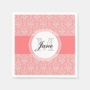 Modernes Monogram Damask Napkin Coral Serviette