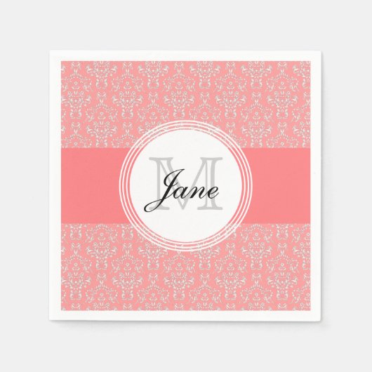 Modernes Monogram Damask Napkin Coral Serviette (Vorderseite)