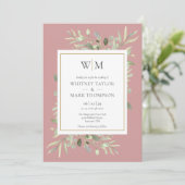 Modernes Monogram Dusty Rose Grüne Foto Hochzeit Einladung (Stehend Vorderseite)