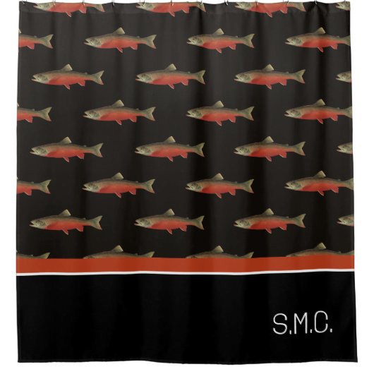 Modernes Monogram Fisch Lachs Design Schwarz-weiß Duschvorhang (Vorderseite)
