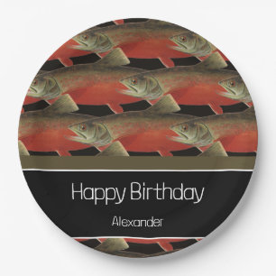 Modernes Monogram Fisch Lachs Design Schwarz-weiß Pappteller