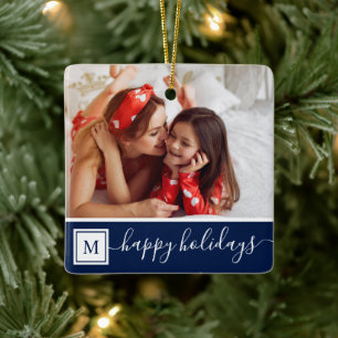 Modernes Monogram Foto Happy Holiday Navy Blue Keramikornament