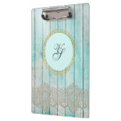 Modernes Monogram Gold Muster Blaues Vintages Holz Klemmbrett (Links)