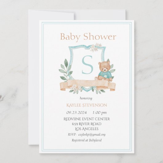 Modernes Monogram Green Wappen Greenerity Baby Einladung (Vorderseite)