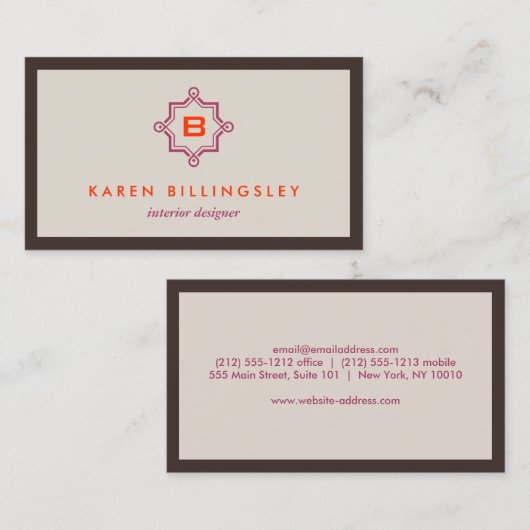 MODERNES MONOGRAM in Tan/Plum/Orange Visitenkarte (Vorne/Hinten)