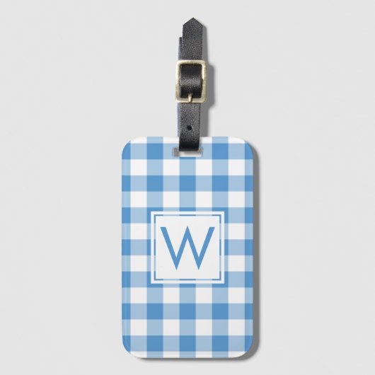 Modernes Monogram Light Blue Gingham Muster Gepäckanhänger (Vorderseite Vertikal)