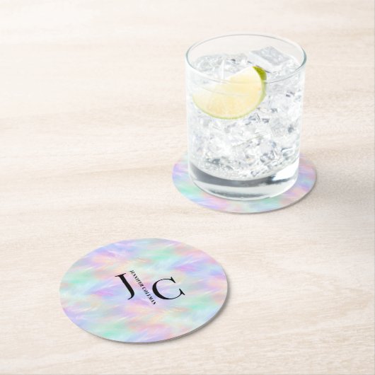 Modernes Monogram Logo Iridescent Opal Stilvoll Runder Pappuntersetzer (Vor Ort)