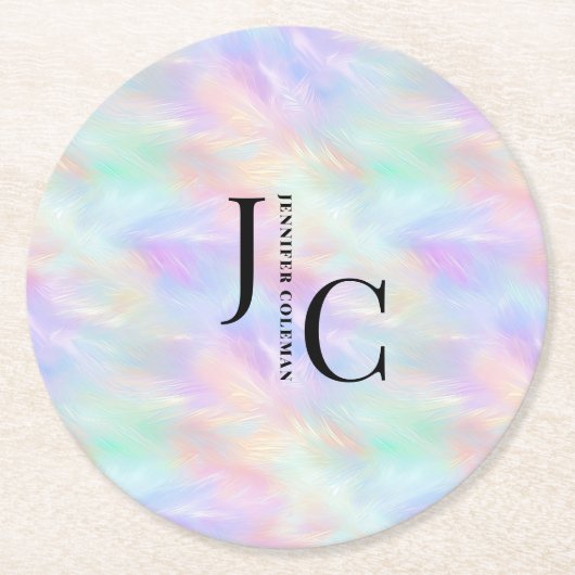 Modernes Monogram Logo Iridescent Opal Stilvoll Runder Pappuntersetzer (Vorderseite)