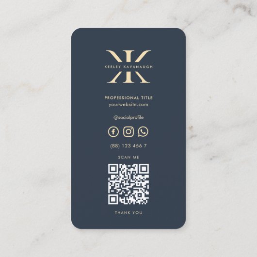 Modernes Monogram Logo K Dark Blue Gold Beruflich Visitenkarte (Rückseite)