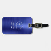Modernes Monogram Navy Blue Brushed Glam Metallic Gepäckanhänger (Vorderseite horizontal)