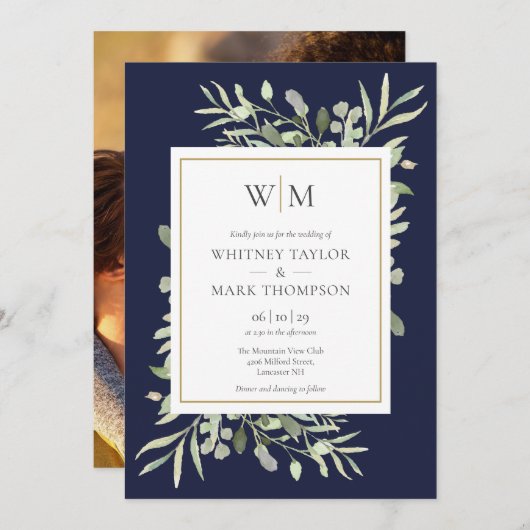 Modernes Monogram Navy Blue Greenery Foto Wedding Einladung (Vorne/Hinten)